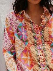 Pink/Orange Geometric Print Relaxed Long Sleeve Shirt With Linen - Image 4 of 7