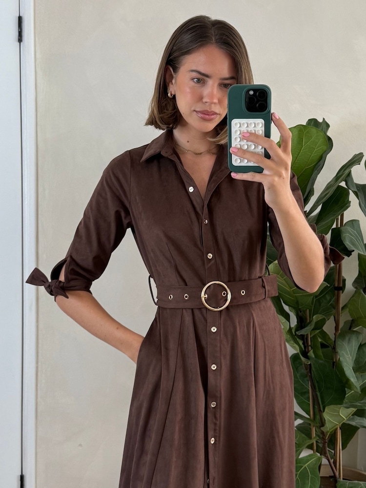 Style Cheat Brown Suedette Daphne Belted Dress - Image 1 of 3 Style Cheat Brown Suedette Daphne Belted Dress - Image 1 of 3