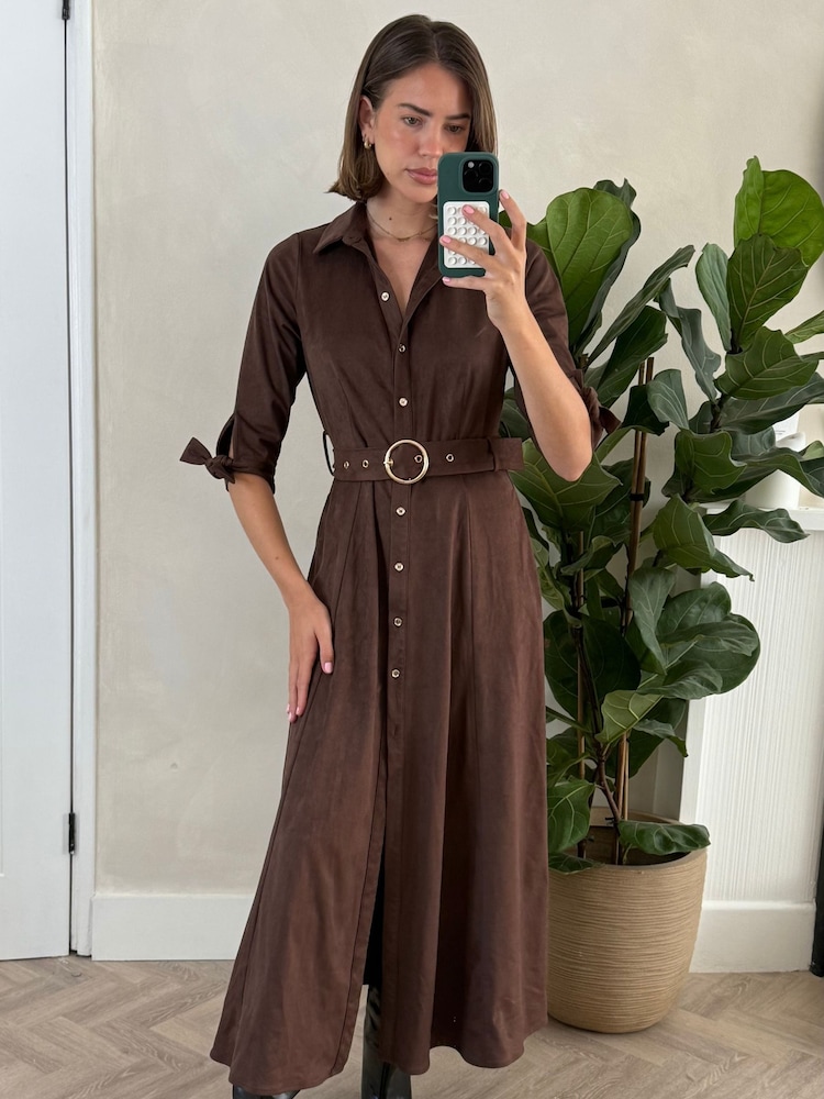 Style Cheat Brown Suedette Daphne Belted Dress - Image 2 of 3 Style Cheat Brown Suedette Daphne Belted Dress - Image 2 of 3