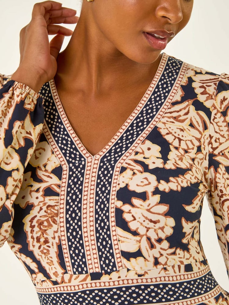 Roman Brown Floral Border Print Midi Dress - Image 7 of 7 Roman Brown Floral Border Print Midi Dress - Image 7 of 7