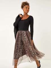 Roman Brown Animal Print Mesh Layered Skirt - Image 1 of 5