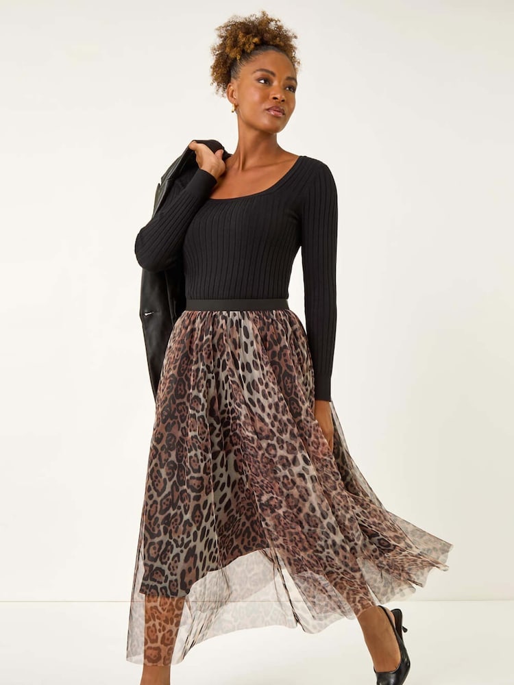 Roman Brown Animal Print Mesh Layered Skirt - Image 1 of 5 Roman Brown Animal Print Mesh Layered Skirt - Image 1 of 5