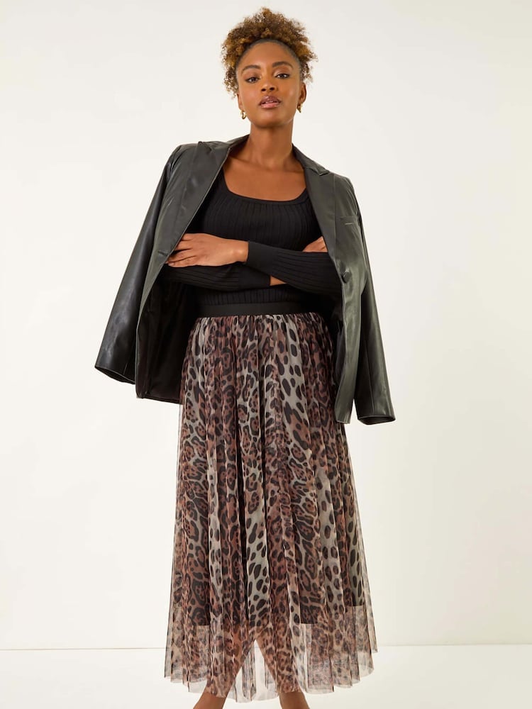 Roman Brown Animal Print Mesh Layered Skirt - Image 2 of 5 Roman Brown Animal Print Mesh Layered Skirt - Image 2 of 5