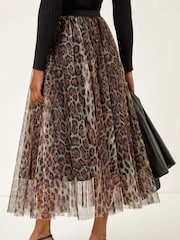 Roman Brown Animal Print Mesh Layered Skirt - Image 3 of 5