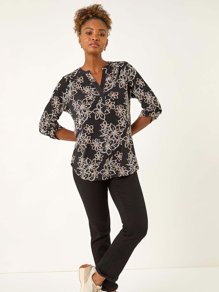 Roman Black Floral Print Puff Stretch Blouse - Image 2 of 5 Roman Black Floral Print Puff Stretch Blouse - Image 2 of 5