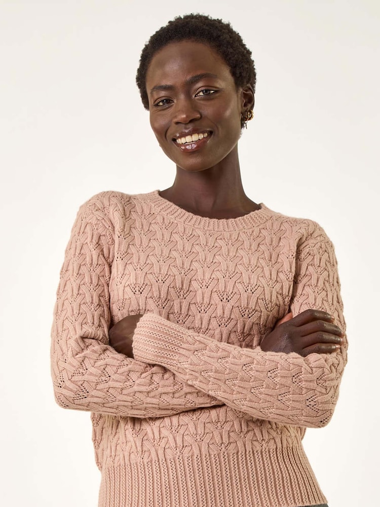 Roman Natural Cable Knit Crew Jumper - Image 2 of 5 Roman Natural Cable Knit Crew Jumper - Image 2 of 5