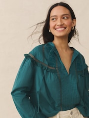 Teal Blue Tie-Neck Pintuck Long Sleeve Blouse - Image 1 of 7