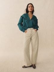Teal Blue Tie-Neck Pintuck Long Sleeve Blouse - Image 2 of 7