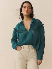 Teal Blue Tie-Neck Pintuck Long Sleeve Blouse - Image 3 of 7