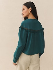 Teal Blue Tie-Neck Pintuck Long Sleeve Blouse - Image 4 of 7