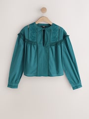 Teal Blue Tie-Neck Pintuck Long Sleeve Blouse - Image 5 of 7