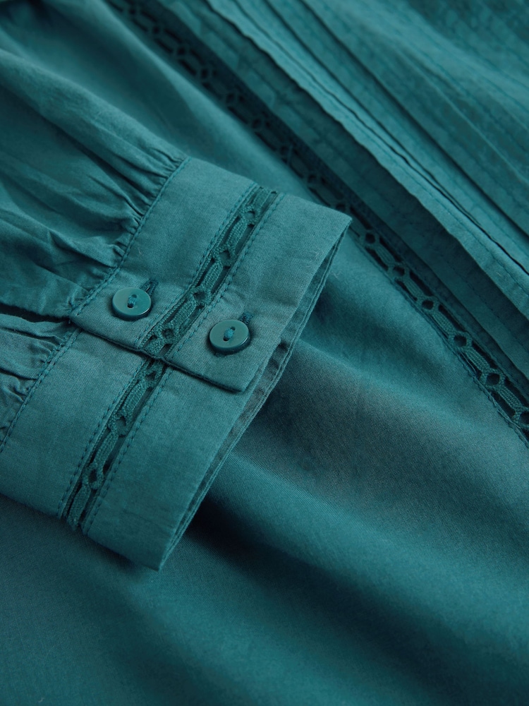 Teal Blue Tie-Neck Pintuck Long Sleeve Blouse - Image 7 of 7