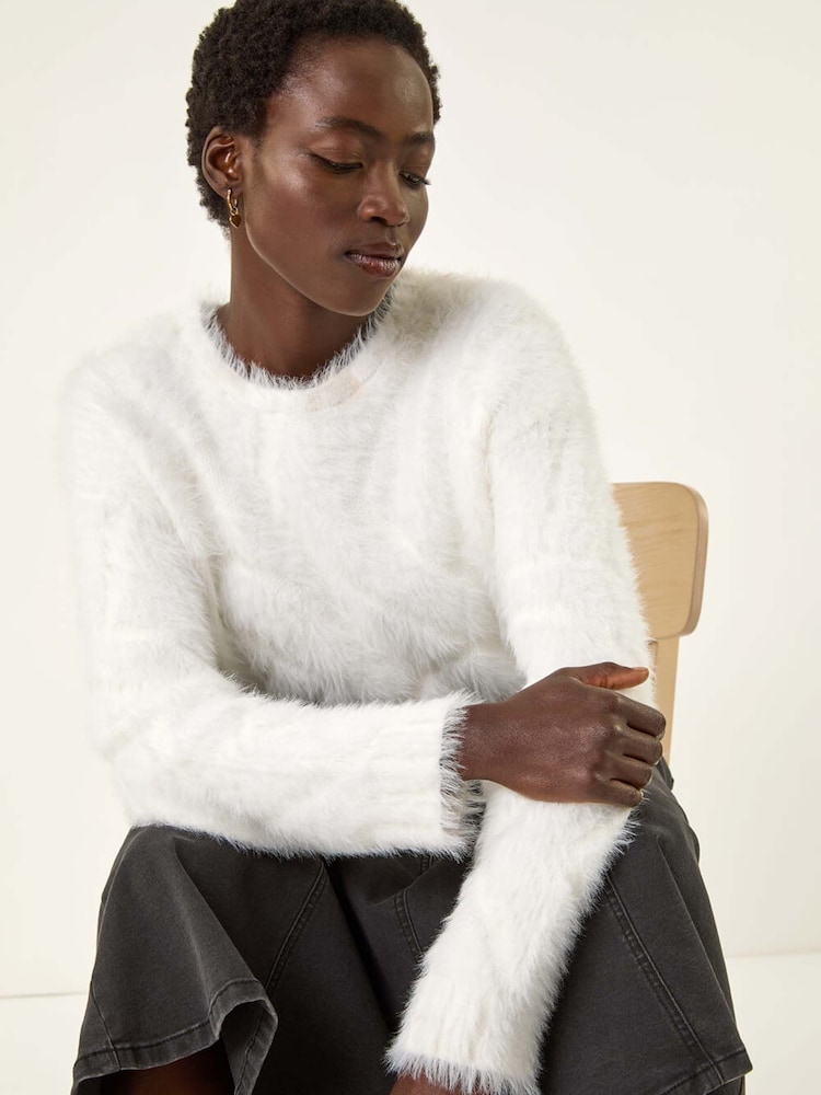 Roman White Fluffy Stripe Knit Jumper - Image 1 of 5 Roman White Fluffy Stripe Knit Jumper - Image 1 of 5