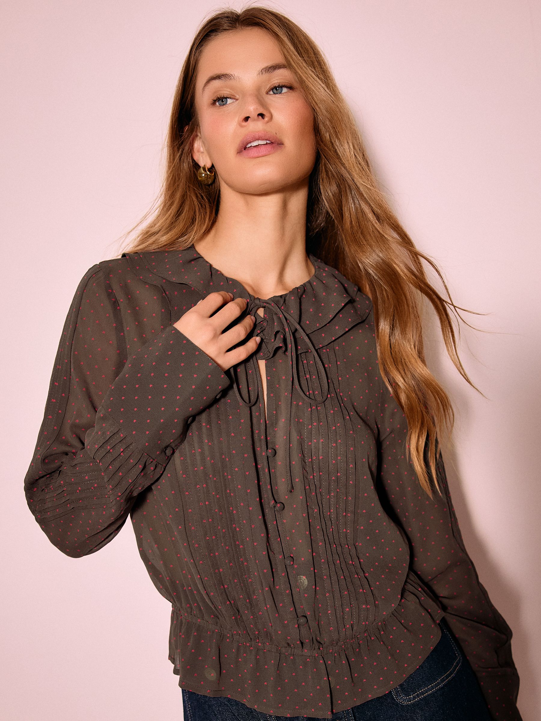 Buy Chocolate Brown Heart Print Ruffle Pintuck Long Sleeve Blouse