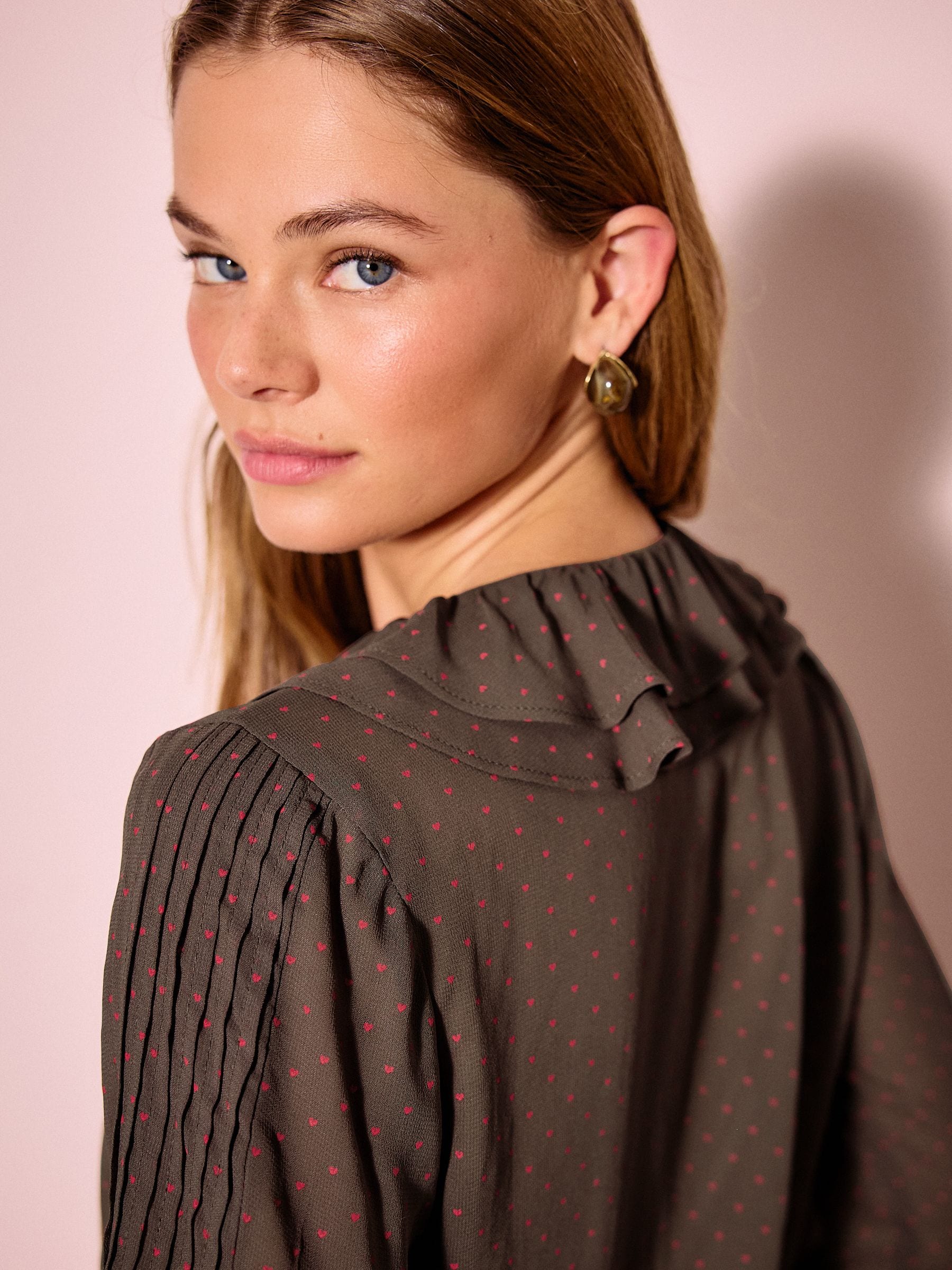 Buy Chocolate Brown Heart Print Ruffle Pintuck Long Sleeve Blouse
