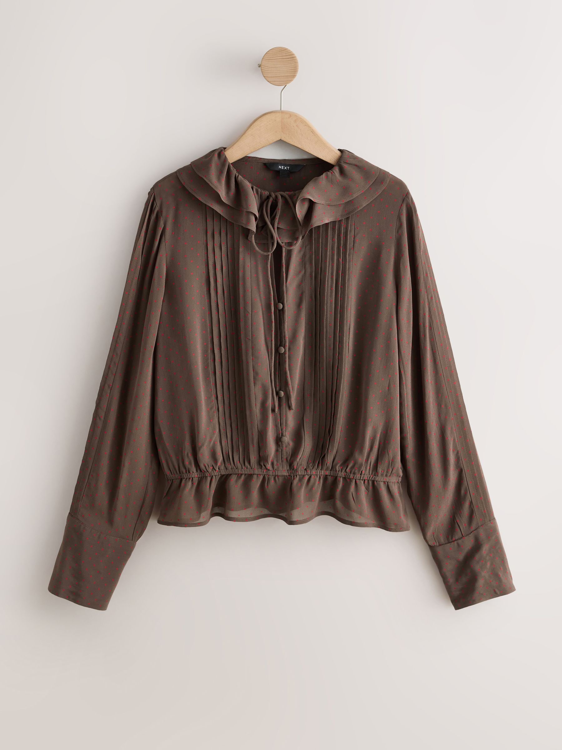 Buy Chocolate Brown Heart Print Ruffle Pintuck Long Sleeve Blouse