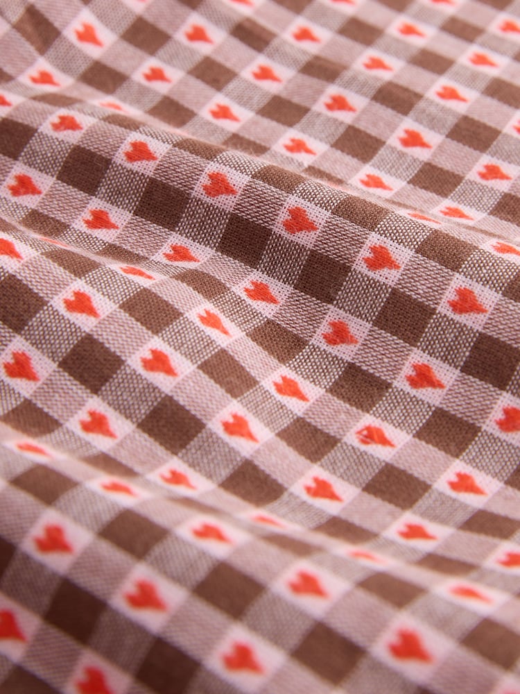 Brown/Red Heart Gingham Smocked V-Neck Long Sleeve Blouse - Image 2 of 4