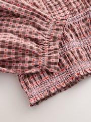Brown/Red Heart Gingham Smocked V-Neck Long Sleeve Blouse - Image 3 of 4