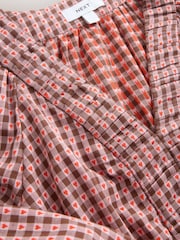 Brown/Red Heart Gingham Smocked V-Neck Long Sleeve Blouse - Image 4 of 4