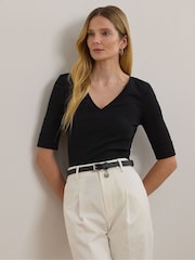 Lauren Ralph Lauren Judy V-Neck Elbow Jersey Black T-Shirt - Image 4 of 5