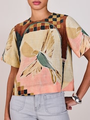 Bird Print Short Sleeve Boxy T-Shirt with Linen - Image 5 of 8