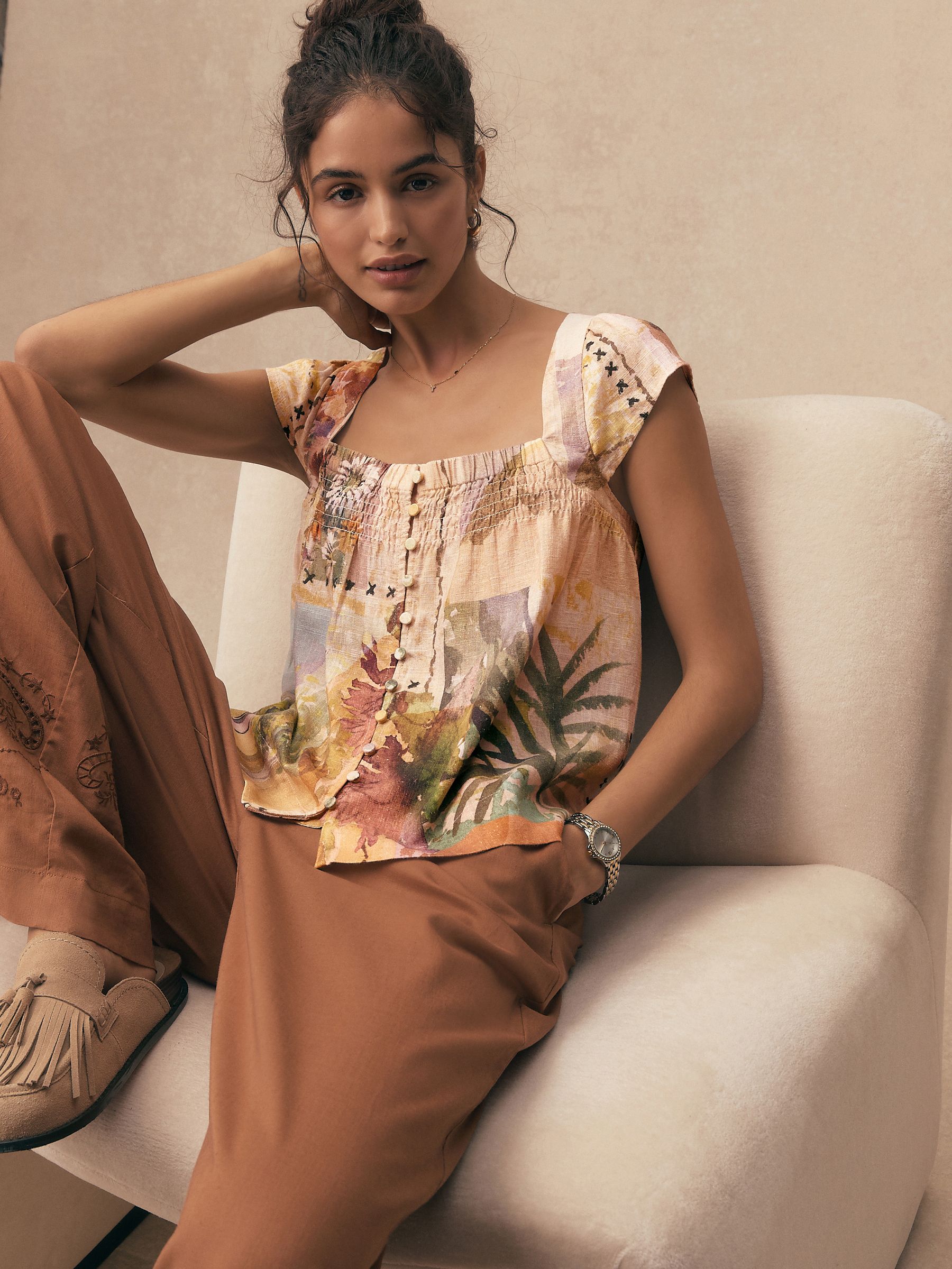 Buy Scenic Print Flutter Sleeve Button Front Top With Linen from