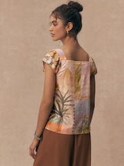 Scenic Print Flutter Sleeve Button Front Top With Linen - Image 4 of 9