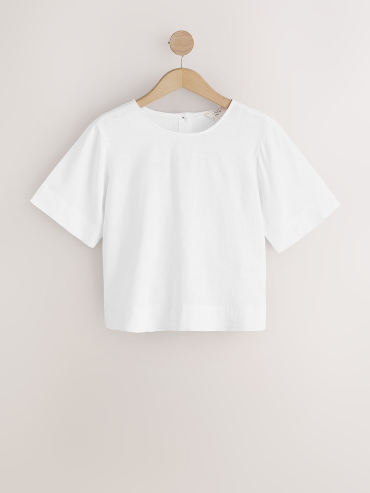 White Short Sleeve Boxy T-Shirt with Linen - Image 1 of 3