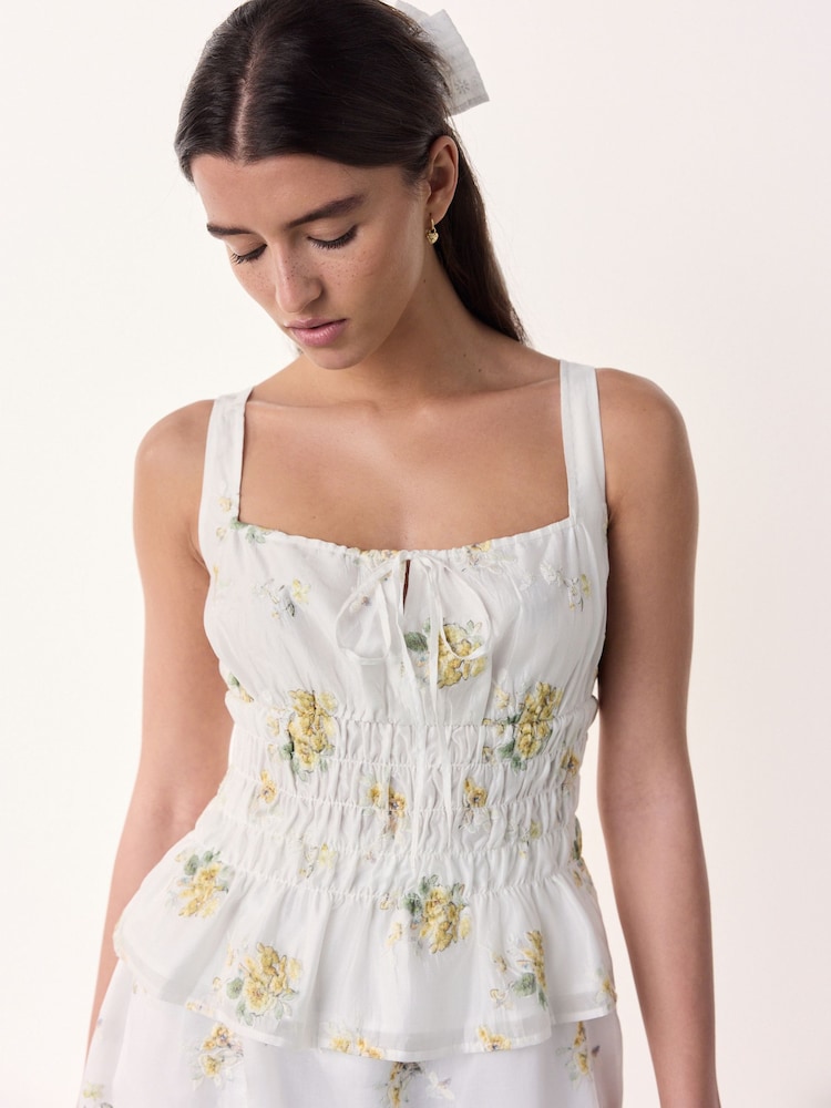 White/Yellow Floral Embroidery Tabitha Simmons X Next Tie Front Smocked Top - Image 1 of 8 White/Yellow Floral Embroidery Tabitha Simmons X Next Tie Front Smocked Top - Image 1 of 8
