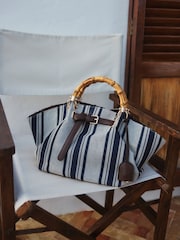 Navy Stripe Canvas Effect Top Handle Bag - Image 3 of 10