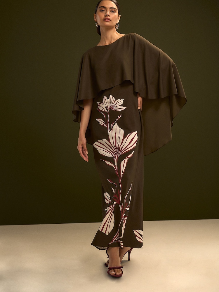 Khaki Green Floral Print Cape Maxi Dress - Image 2 of 4 Khaki Green Floral Print Cape Maxi Dress - Image 2 of 4