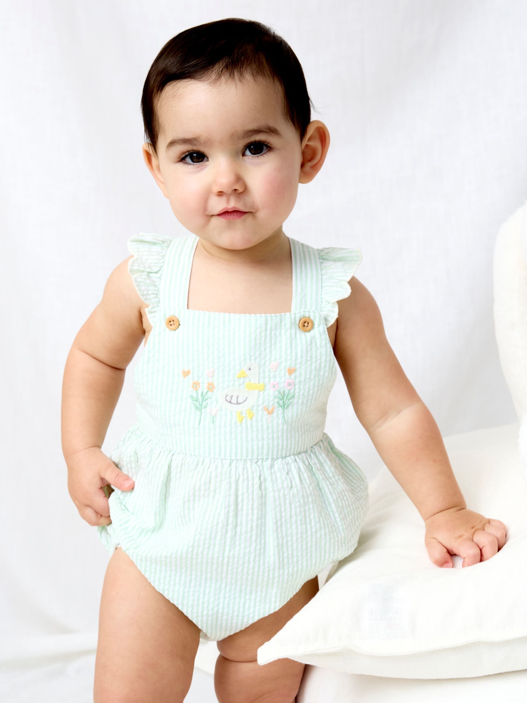 Jojo Maman Bébé Green Duck Stripe Frill Romper