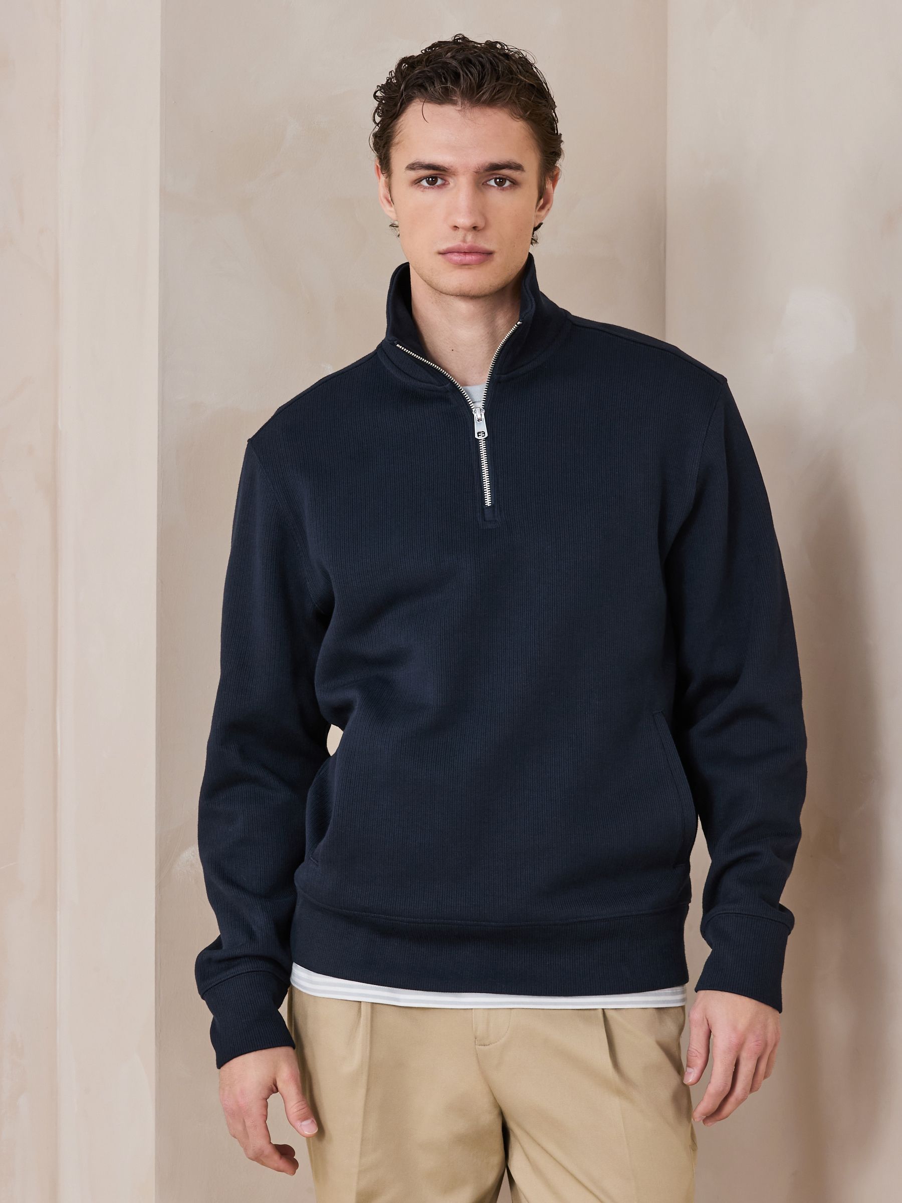Buy Navy N. Premium Smart Rib Textured Quarter Zip Sweatshirt from