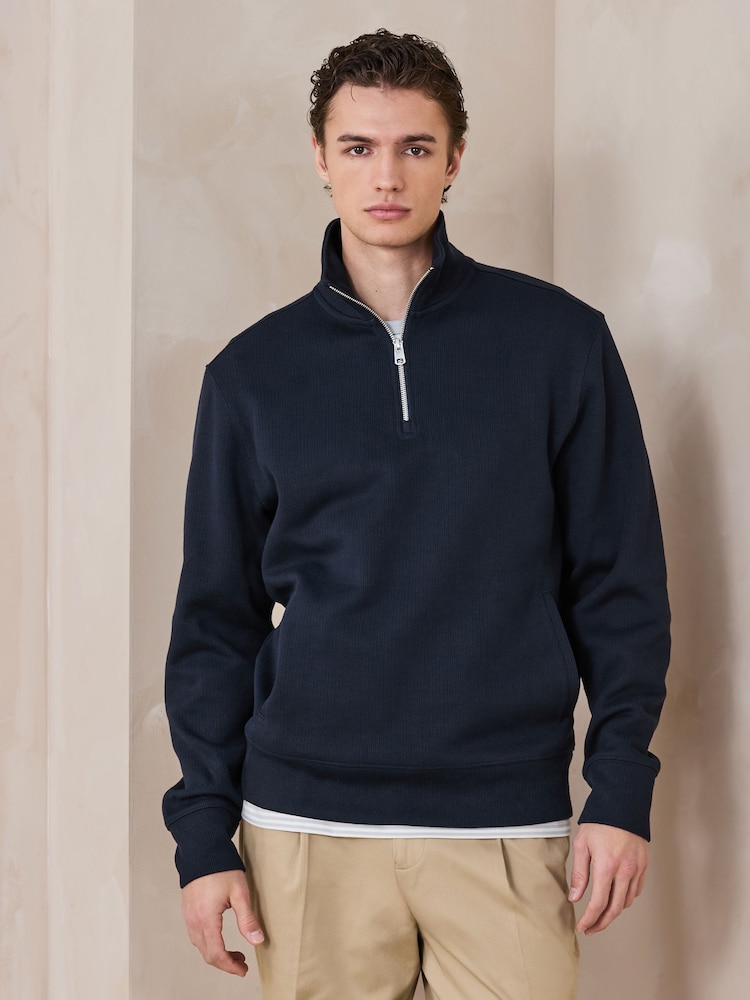 Bleumarin - N. Premium Smart Rib Textured Quarter Zip Sweatshirt - Imaginea 2 din 10