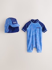 Baker by Ted Baker Blue All-In-One Swimsuit and Hat Set - Image 1 of 8