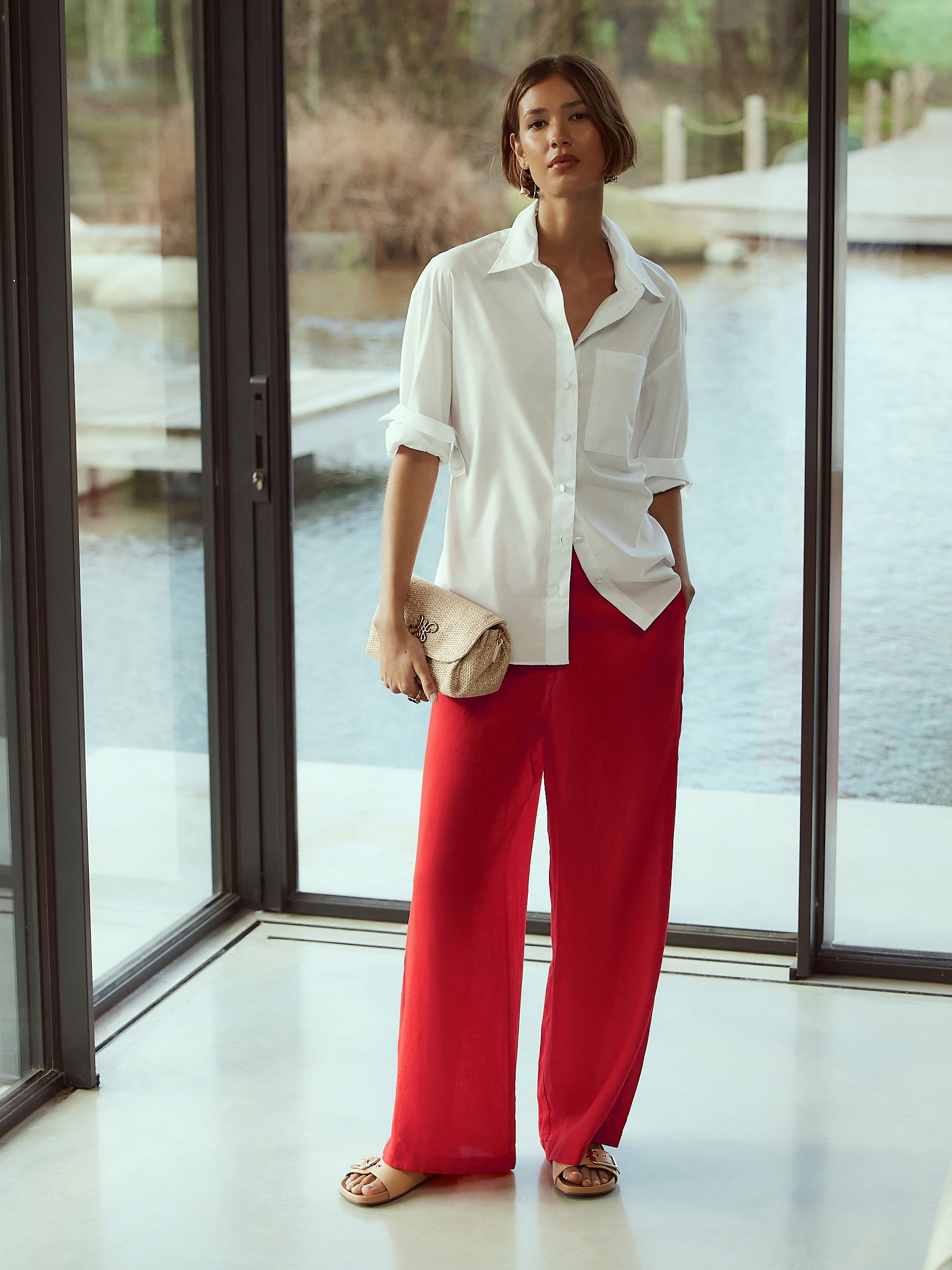 WEWILL　FLAT WAIST TROUSERS WEWILL FLAT WAIST TROUSERS Buy Red 100% Linen Wide Leg Trousers