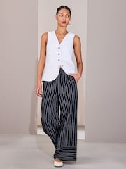 Black/White Stripe Linen Blend Wide Leg Trousers - Image 1 of 8