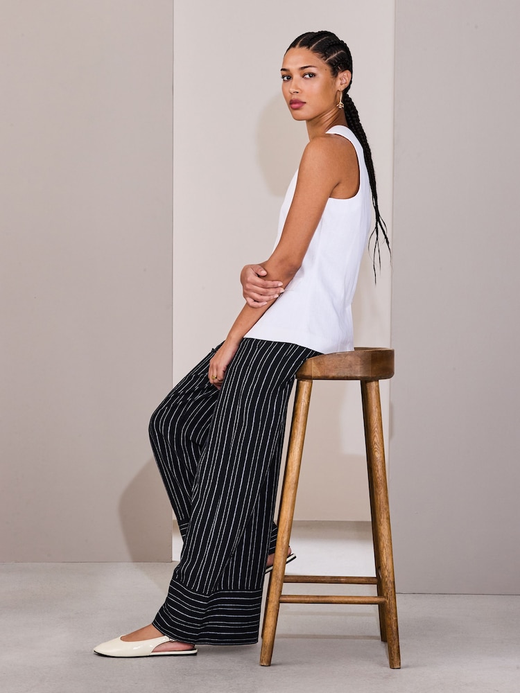 Black/White Stripe Linen Blend Wide Leg Trousers - Image 2 of 8