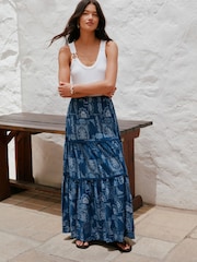 Blue/Ecru Bandana Print Cotton Tiered Maxi Skirt - Image 1 of 8