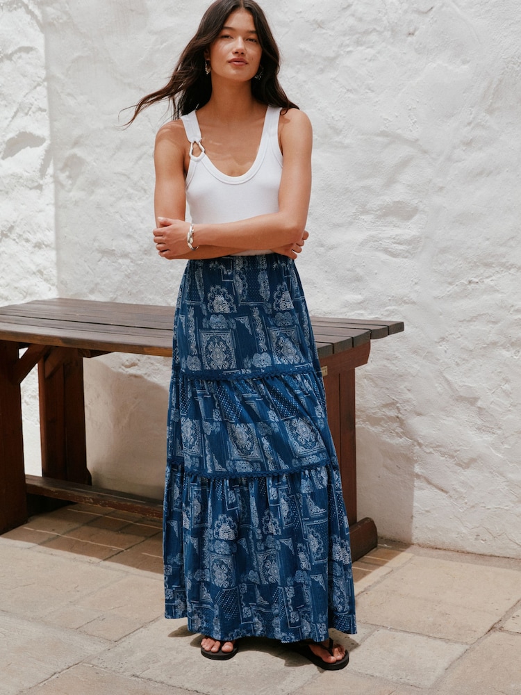 Blue/Ecru Bandana Print Cotton Tiered Maxi Skirt - Image 1 of 8
