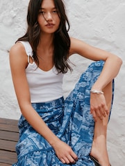Blue/Ecru Bandana Print Cotton Tiered Maxi Skirt - Image 2 of 8
