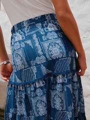 Blue/Ecru Bandana Print Cotton Tiered Maxi Skirt - Image 5 of 8