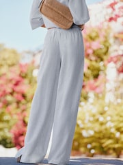White/Grey Stripe Textured Wide Leg Trousers with Linen - Image 4 of 8