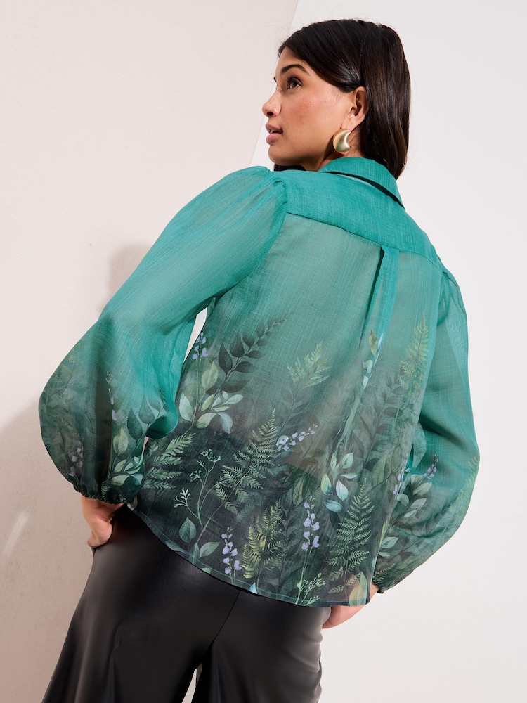Friends Like These Green Floral Print Long Sleeve Chiffon Balloon Blouse - Image 4 of 4