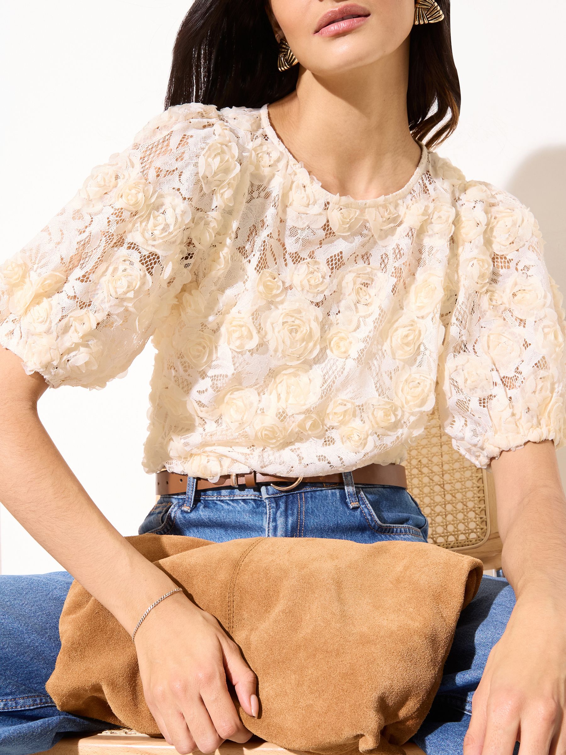 Buy Friends Like These Cream Short Sleeve 3D Rose Textured Lace