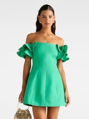 Forever New Green Kenzie Off Shoulder Ruffle Mini Dress Contains Linen - Image 1 of 5