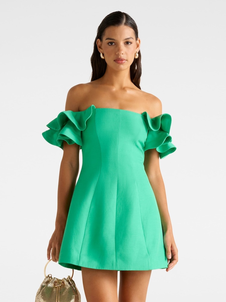 Forever New Green Kenzie Off Shoulder Ruffle Mini Dress Contains Linen - Image 1 of 5