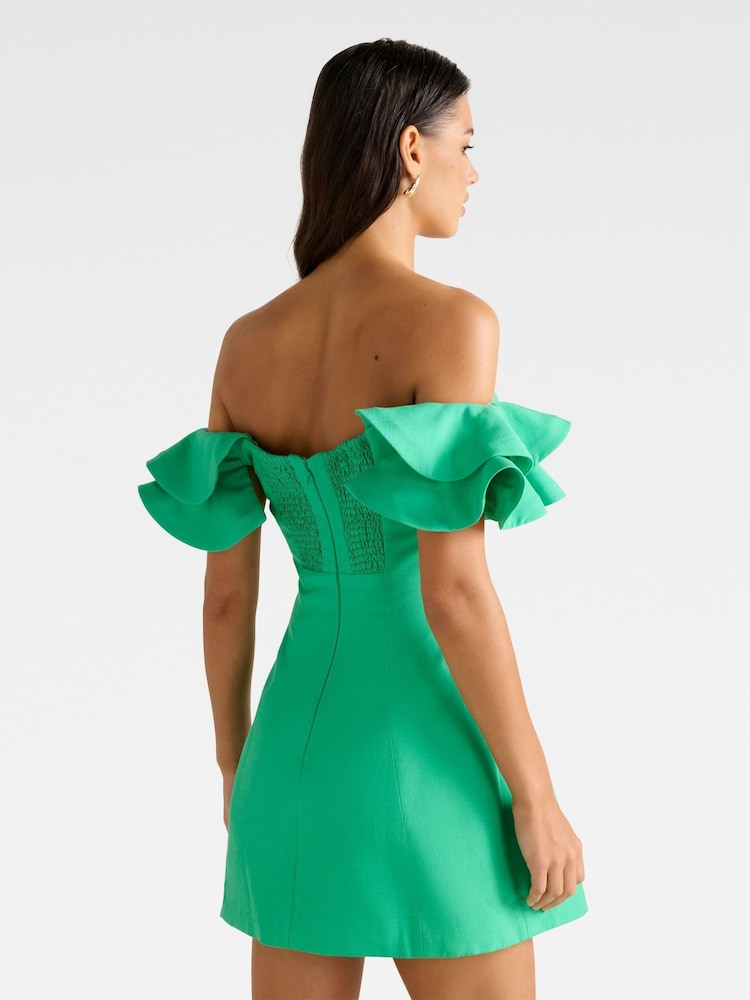 Forever New Green Kenzie Off Shoulder Ruffle Mini Dress Contains Linen - Image 2 of 5