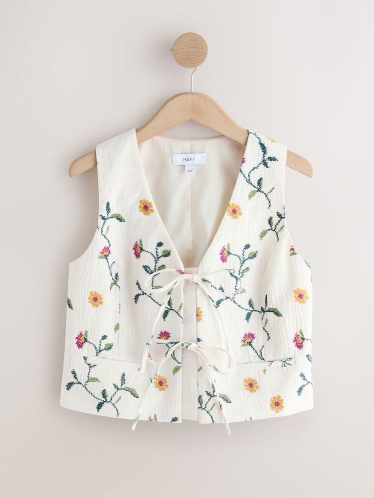 Ecru Cross Stitch Floral Tie Front Top - Image 1 of 3