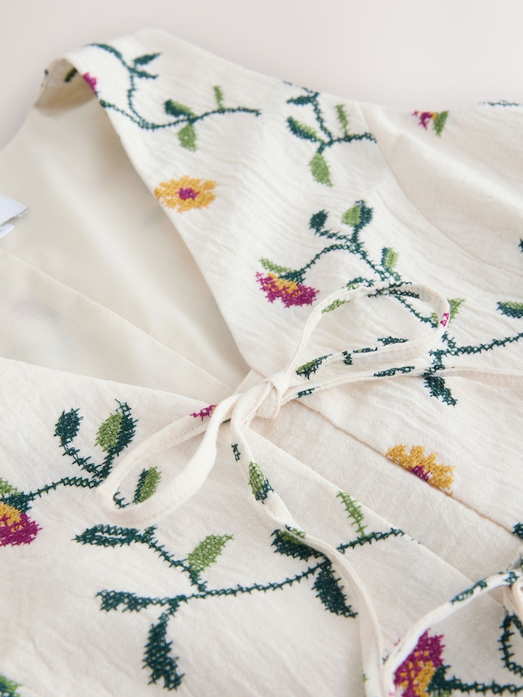 Ecru Cross Stitch Floral Tie Front Top - Image 2 of 3